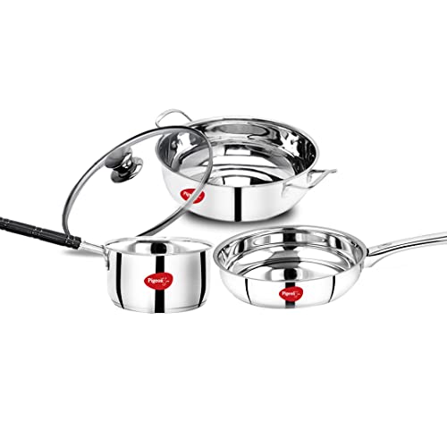 Pigeon By Stovekraft Stainless Steel Cookware Gift Set, Kadai With Glass Lid, Fry Pan And Sauce Pan