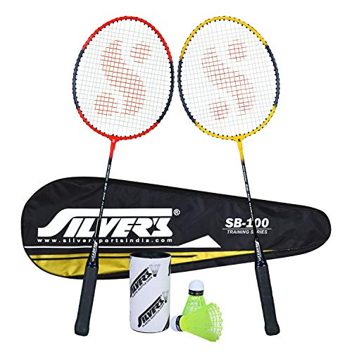 Silver’S Sb-100 2 Badminton Rackets With Full Cover 2 Pieces Plastic Shuttle Combo Red-Yellow