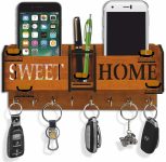 Heritagecrafts Special Designer Sweet Home Unique Wooden 2 Pocket Mobile and Pen Wood Key Holder(8 Hooks, Brown)