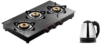 Butterfly Rapid 3B Auto Ignition LPG Glass Top Stove (3 Burners, Black) & Butterfly EKN 1.5-Litre Electric Kettle (Silver with Black)