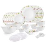 Cello Opalware Dazzle Series Secret Garden Dinner Set, 35 Units | Opal Glass Dinner Set for 6 | Light-Weight, Daily Use Crockery Set for Dining | White Plate and Multipurpose Bowl Set