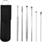 Innovista Leather Pouch Ear Wax Cleaner (6 Pc) Reusable Ear Wax Cleaner Kit without Flashlight – Steel Ear Cleansing Tool Set, Spiral Ear Curette with Cleaning Brush for Kids, Men, and Women Pack of 1