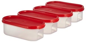 Amazon Brand – Solimo Antimicrobial Modular Plastic Storage Containers with Lid (525 ml each) | Stackable | BPA-Free |Microwave Safe | Multipurpose Use for Snacks, Spices, & more(Set of 4) (Light Red)