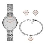 Emporio Armani Stainless Steel Womens Metallic Analogue Watch with Bracelet and Earrings – Ar80023 (White_Free Size)
