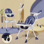 TONY STARK 5 in 1 LATEST 2024 Model, Reclining foldable Baby High Chair with wheels , Dual Dining Detachable Food Tray, Height Adjustable Feeding Seat, Five Point Safety Belt, Upgraded Version PU Cushion Pad, Easy to Clean for Baby, Kids, Toddler (Dark Navy Blue)