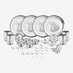 Classic Essentials Pack of 32 Stainless Steel Dinner Set|Serves 4 People|Heavy Gauge|Kitchen Set|Permanent Laser-Peacock Dinner Set(Silver)