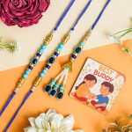 perpetual Evil Eye Rakhi For Brother And Bhabhi Polyresin Eco Friendly Designer Bracelet Rakhi For Bhaiya Bhabhi and Kids Set Of 3 With Wooden Cutout