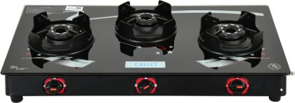 CELLO Star Manual Gas Stove Black Glass Top, Alloy Burners Glass Manual Gas Stove(3 Burners)