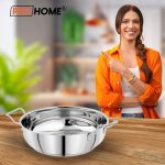 ProHome Stainless Steel Deep Kadhai Heavy Bottom Induction Gas Compatible Double Handle Kadhai 22 cm diameter 2 L capacity(Stainless Steel, Induction Bottom)