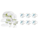 Larah by BOROSIL Green Leaves Silk Series Opalware Dinner Set, 35 Pieces, White+Larah By Borosil Mimosa Opalware Mug Set, 6-Pieces, White