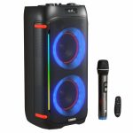 Portronics Iron Beats IV 250W Party Speaker with Dual 6″ Subwoofer, Upto 4 Hours Playtime, RGB LED Lights, Wireless Karaoke Mic, Treble/Bass Adjustment, Echo Control, Remote Control(Black)