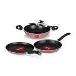 Pigeon by Stovekraft Basics Non Stick Aluminium Non Induction Base Cookware Set, Including Nonstick Dosa Tawa, Nonstick Kadai with Glass Lid, and Nonstick Frying Pan, (Pink)