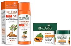 Biotique Bio Sandalwood 50+ Spf Uva/Uvb Sunscreen For All Skin Types Ultra Soothing Face Lotion, 120Ml & Bio Papaya Revitalizing Tan Removal Scrub, 75G, Pack Of 1
