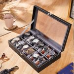 Amazon Basics Unisex Faux Leather Watch Organiser Box with 12 Slots |Watch Organiser with Transparent Lid (Black)