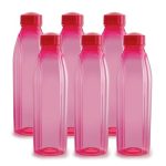 CELLO Crystal Water Bottles Set of 6, 1000 ml Each, Pink | Food Grade, Unbreakable & Reusable Set of Bottles | Air Tight Leakproof Easy to Carry Set of Fridge PET Bottles For Kitchen, Office, Travel