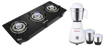 Lifelong LLGS930 Manual Ignition, High Efficiency 3 Burner Gas Stove with Toughened Glass Top (Black) & Lifelong LLMG45 Power Pro 500-Watt Mixer Grinder with 3 Jars, blades (White/Grey)