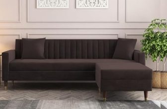 AMATA Elegant Solid Wood 4 Seater L Shape Brwon Suede Velvet Sofa Set with Two Cushions Perfect for Home Office Guests Living Room (02 Camel, L Shape)(3 Year Warranty)