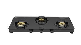 Havells Contour Toughened Glass-Top 3 Brass Burner LPG Gas Stove | Removable Drip Tray | Soft Touch, Ergonomically Designed Knobs | 2 Years Comprehensive Warranty (Black)