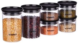 Amazon Brand – Solimo Plastic Storage Jar and Container Set I Air Tight & BPA Free Containers for Kitchen Storage Set I Grocery Kitchen Container, Set 6 (500 ML – 4 Pieces & 900 ML – 2 Pieces), Black