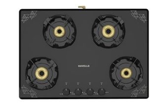 Havells Nucleus Slim Gas stove |4 Heavy Duty Forged Brass Burner|8 mm Toughened Glass|Premium Valves|Removable Drip Tray|Soft Touch Knobs|5 year Warranty on Burners, Glass & Valves by Havells (Black)