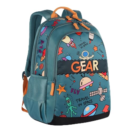 Gear Cartoon Space 17″/23L Medium Water Resistant School Bag/Casual 4 Compartment Backpack/Daypack/Travel Backpack/Kids Bag for Boys/Girls – Green