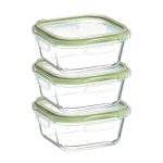 Amazon Brand – Solimo Borosilicate Glass Container with Lids for Kitchen/Tiffin (570ml Each) | Airtight & Leak-Proof | Freezer, Microwave & Dishwasher Safe (Square Shaped) (Set of 3) (Transparent)