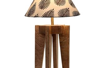 tu casa Table Lamps with Mango Wood Base & Off-White Black Leaf Cotton Shades for Home Décor, Bedrooms, Living Room, Gifting, Diwali, Dining Space, Study Room, Hall (Height- 45cm) – Bulb not Included