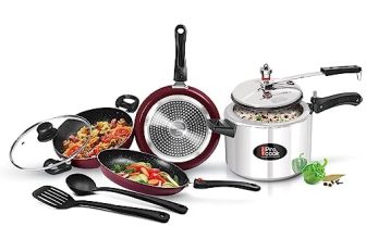 Milton Pro Cook Kitchen Jewel Set of 5 (Fry Pan, Kadhai with Lid, Tawa, Laddle and Spatula), Peach & Aluminium Induction Pressure Cooker (5L) | Induction, Dishwasher, Hot Plate, Flame Safe | Non-Stick