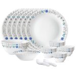 Larah by Borosil Silk Series Blue Iris Opalware Dinner Set | 27 Pieces for Family of 6 | Microwave & Dishwasher Safe | Bone-Ash Free | Crockery Set for Dining & Gifting | Plates & Bowls | White
