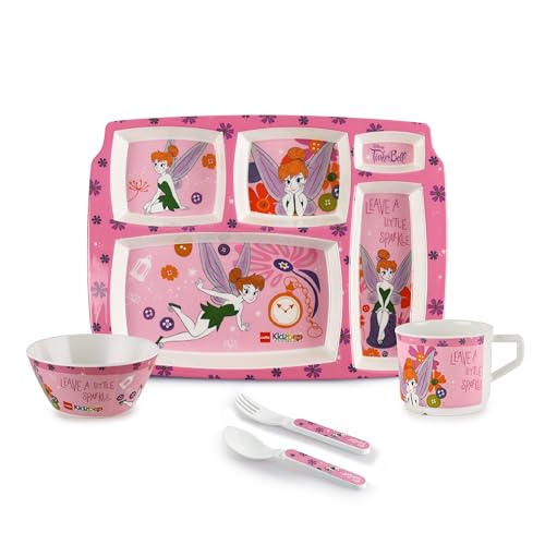 Cello Kidzbee Pentameal Tinker Bell Melamine Meal Set for Kids, Set of 5, Light Pink | BPA Free and Food-Grade Material | Attractive and Kidfriendly Designs | Break Resistant & Durable Set