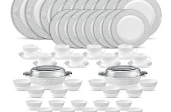 La Opala Diva Velvett Collection Opal Glass Crockery | for Family of 8 | Dinner Set 62 pcs Tudor Grey | Plates & Bowls for Dining | Microwave Safe | 100% Vegetarian | Extra Strong | Light & White
