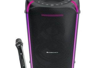Zebronics Portable Bluetooth Speaker, 90W, Upto 6 Hours Playback, Dual Full-Range Drivers, Karaoke, TWS, BT v5.3, USB, AUX, RGB, Deep Bass, Wireless Mic with Display, Type-C Charge (Party Fyre 100)