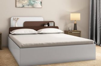 Nilkamal Bruce Wooden Queen Bed with Box Storage | Designer Headboard with Storage | Engineered Wood | 4 Big Compartments | Walnut & White