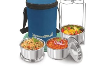 SignoraWare Fine Meal Stainless Steel Lunch Box | Airtight & Leakproof Lid | Compact & Lightweight | Tiffin for Office, School & Travel Use (300ml x 3 | Set of 3 | Steel)