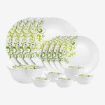 cello Pack of 17 Opalware Dazzle Opalware Oleander Dinner Set | Crockery Set | Green Dinner Set(Green, Microwave Safe)