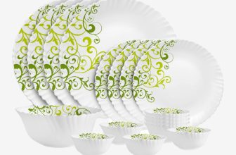 cello Pack of 17 Opalware Dazzle Opalware Oleander Dinner Set | Crockery Set | Green Dinner Set(Green, Microwave Safe)