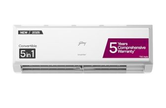 Godrej 1 Ton 3 Star, 5 Years Comprehensive Warranty, AI Powered, 5-In-1 Convertible Cooling, Inverter Split AC (Copper, Model, Heavy duty cooling at 52 °C, AC1T EI 12PINV3R32 WYQ 3S, White)