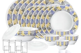 Larah by Borosil Silk Series Kora Opalware Dinner Set with Vision Glass | 40 pcs for Family of 6 | Microwave & Dishwasher Safe | Plates & Bowls | Crockery for Dining & Gifting | Leaf Pattern