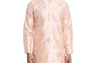 SOJANYA (Since 1958 Men’s Silk Blend Mirror Work Peach ONLY Long Kurta