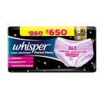 Whisper Super Absorbent Period Panty, 12 L-XL Pants, 360 Degree Leakage Protection* for Heavy Flow, Panty like Fit, Full back Coverage, Absorbs Heavy Gushes, Silky Soft, Comfortable Feel