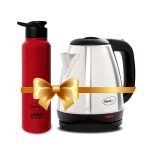 Pigeon 1.5 litre Hot Kettle and Stainless Steel Water Bottle Combo used for boiling Water, Making Tea and Coffee, Instant Noodles, Soup with Auto Shut- off Feature, 1300 W