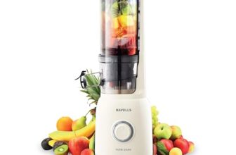 Havells Nutri Pure New Generation Cold Press Juicer|Low Noise DC Motor 105W,40 RPM|All-in-1 Fruit & Vegetable Juicer|Spiral Auger with SS Prong|Mesh Free filter for Easy Cleaning (Ivory) 105 watts