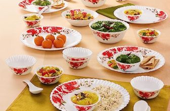 Larah by Borosil Rose Red Silk Series Opalware Dinner Set | 27 Pieces for Family of 6 | Microwave & Dishwasher Safe | Bone-Ash Free | Crockery Set for Dining & Gifting | Plates & Bowls | White