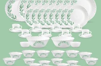 La Opala Diva Classique Collection Opal Glass Crockery | for Family of 8 | Dinner Set 53 pcs Olive Trails | Plates, Bowls & Cups for Dining | Microwave Safe | 100% Vegetarian | Extra Strong | White