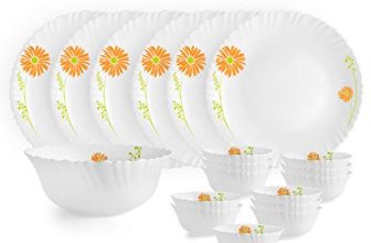 Cello Opalware Dazzle Livid Lilac Floral Dinner Set, 19Pcs, White