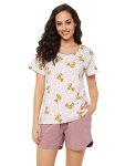 Clovia Women’s Cotton Giraffe Print Top & Chic Basic Shorts Set (LS0410F18_White_M)
