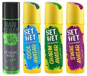 Set Wet Deodorant Spray Perfume for Men, 150ml (Cool, Charm and Swag Avatar Pack of 3) & Set Wet Hair Spray for Men Extreme Hold 200ml