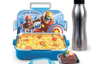 SIGNORA WARE Delight C Chipmunk Stainless Steel Printed Lunch Box Set for Kids | Airtight Clip Lock Lid | Compact & Sleek Size | Great for Picnics & Outdoors (850ml + 160ml + 750ml Bottle | Blue)