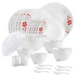 CELLO Scarlet Bliss Dazzle Series Opalware Dinner Set of 37 Pieces for Family of 6 | Bone-Ash Free & Leadfree Opal Glass, Microwave & Dishwasher Safe, Plates & Bowls Crockery Set for Dining & Gifting
