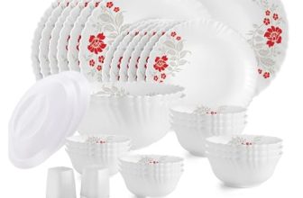 CELLO Scarlet Bliss Dazzle Series Opalware Dinner Set of 37 Pieces for Family of 6 | Bone-Ash Free & Leadfree Opal Glass, Microwave & Dishwasher Safe, Plates & Bowls Crockery Set for Dining & Gifting